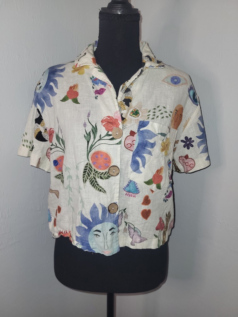 Women Cream Button-Front Top with Multicolor Floral & Graphic Print